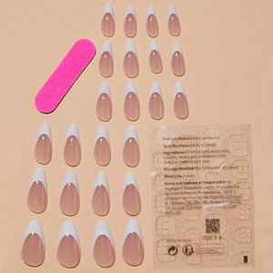 Set unghie finte mandorla French tip bianche con lima rosa e adesivi biadesivi