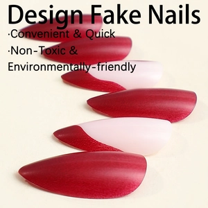 French red striped almond press-on nails with deep pearlescent glitter stiletto finish