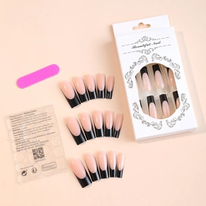 Long coffin press-on nail kit with black French tips, 24 pieces and glue stickers