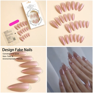 Detailed set of 24 almond champagne pink press-on nails with glitter finish and accessories