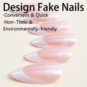 Almond shaped French tip press-on nails with nude pink base and white plated edges