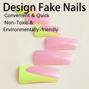 Pink and green French tip duck-shaped press-on nails in minimalist geometric style