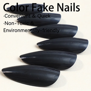 Classic almond-shaped black press-on false nails with vertical stripe texture