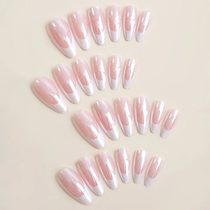 Elegant chrome almond press-on nails with pearl pink base and white French tips