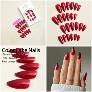 Dark red almond press-on nails set with 24 pieces, including glue, file, and packaging