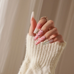 French Style Press On Nails Long Coffin Gradient Pink White Heart Pattern Rhinestone Elegant Manicure For Women
