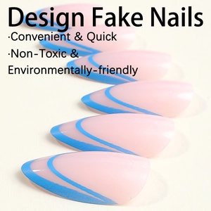 Almond fake nails featuring pink base with blue french stripe design and glossy finish