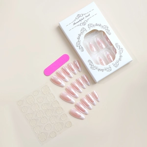 French almond press-on nails set with gradient pearl finish, glue tabs and mini file