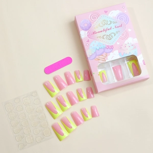 French tip long trapezoid press-on nails set with pink base and neon green edges