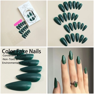 Deep green almond press-on nails set with adhesive glue, nail file and packaging