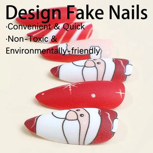 Christmas almond fake nails with Santa Claus design and red candy stripes pattern