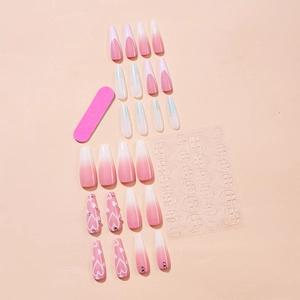 Long coffin press-on nails set with pink gradient, white hearts and crystals