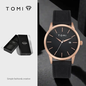 Minimalist TOMI watch with rose gold case, black dial, calendar and matching gift box