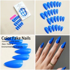 Glossy bright blue almond press-on nail kit with 24 pieces and manicure tool set