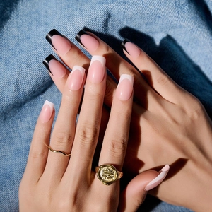 French Tip Press On Nails Black White Minimalist Square Shape False Nails With File And Adhesive Tabs
