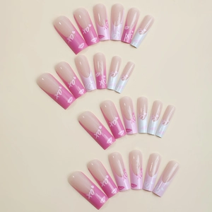 Extra long coffin false nails with pink white gradient, XO letters and red lip patterns