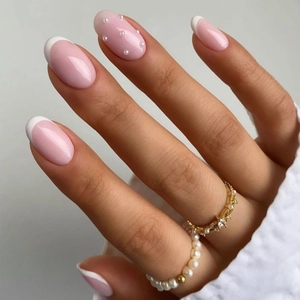 French Tip Press On Nails With Artificial Pearl Accents Nude Pink Minimalist Fake Nails Including Nail File And Adhesive