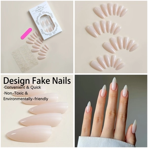Nude gradient almond press-on nails set with file, adhesive tabs and storage box