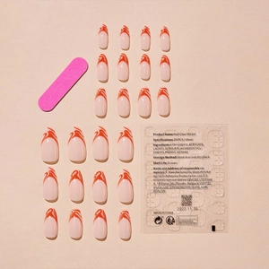 Mandel-Kunstnägel mit rotem Flammen-Design, Klebepads und einer rosa Feile