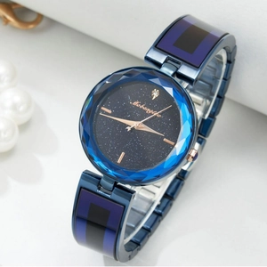 Elegant starry sky women's watch with faceted crystal glass and blue steel band