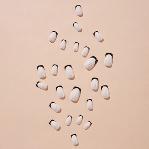 Classic French press-on nails with black tips and sparkling holographic glitter details