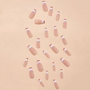 Long coffin french tip press-on nails set with pink base and white-red double edge