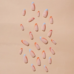 French almond press-on nails in nude pink with orange and light blue wavy lines