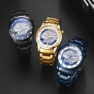 Detailed trio of hollow skeleton mechanical business watches in black gold and blue steel