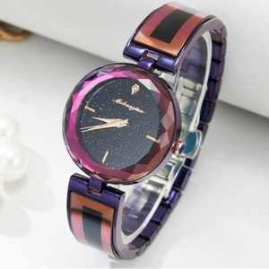 Starry sky dial quartz watch for women with faceted purple crystal glass and metal strap