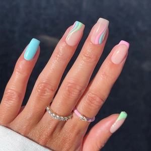 Colorful Wave Press On Nails Glossy Light Blue Pink French Tip Coffin Shape Long Artificial Finger Nails For Women