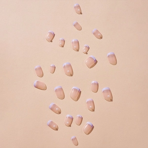 French style rectangle press-on nails with nude pink base, purple tips and white pearls