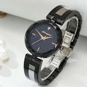 Elegant starry sky watch for women with geometric cut glass and black metal link band