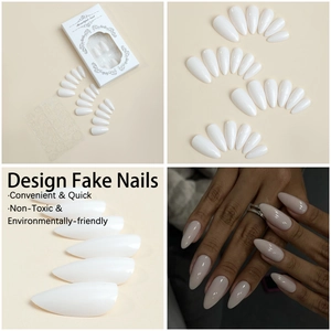 Detailed set of white almond shaped press-on nails with adhesive tabs and packaging
