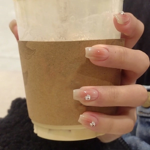 Short Square Press On Nails Gradual Blush Pink Artificial False Nail With Rhinestones Flower Decor DIY Manicure Women