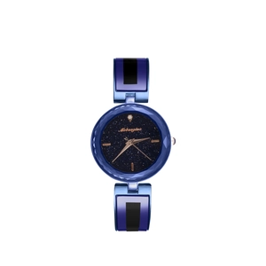 Starry sky dial watch for women with faceted glass bezel and metal link bracelet