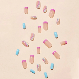 Press-on nail set with blue, pink French tips and wavy stripe patterns on beige background