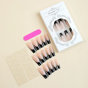 Complete French tip nail kit with black long coffin nails, file and adhesive tabs