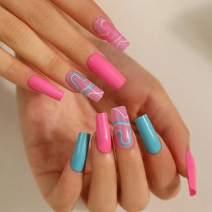 Artificial Press On Nails Long Square Coffin Pink Blue Abstract Wave Pattern Glossy Handmade Full Cover Daily Wear Women