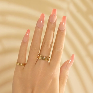 Glossy Pink Gradient Press On Nails Long Coffin Cat Eye False Nails With Jelly Glue And Nail File For Women