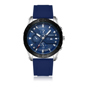 Detail of navy blue dial and silver case with chronograph sub-dials on men's watch
