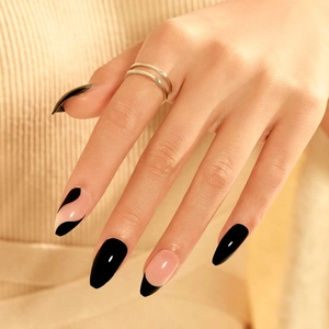 Faux Ongles Amande Noirs French Avec Colle Gelée Et Lime À Ongles Long Stiletto Design Marbre Ongles Brillants Femmes