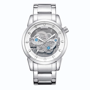 Silver hollow mechanical watch for men with transparent dial and steel band