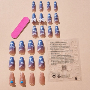 Handmade long trapezoid press-on nails with blue butterfly and pearl heart designs