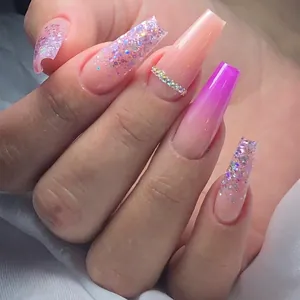 Pink Gradient Coffin Press On Nails Long Glitter Rhinestone Design Elegant Fake Nails For Women DIY Manicure Style