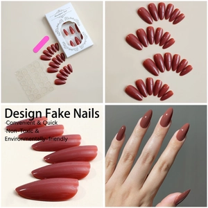 Deep brick red almond press-on nails set with adhesive tabs and manicure file