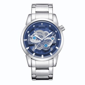 Business men's skeleton mechanical watch with silver stainless steel strap and blue dial