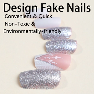 Sparkly glitter and embossed press-on nails in elegant square-oval shape for winter