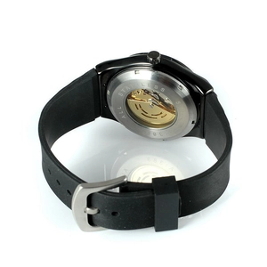 Men's skeleton automatic mechanical watch with transparent stainless steel back and black strap