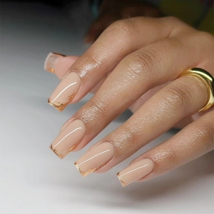 Press On Nails Handmade Long Square Gold Foil French Tip Nude Pink Elegant Light Luxury Fake Nails Artificial Finger Nails