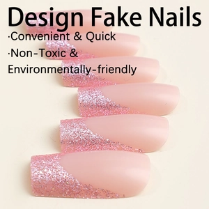 Long square French tip press-on nails with nude base and purple glitter gradient finish